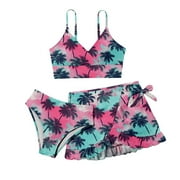 Litter Girls Bikinis Bathing Suits 3Pc Brief Beach Coconut Tree Print Trendy Summer Spaghetti Strap V-Neck Holiday Swimsuit Sets Swimwear
